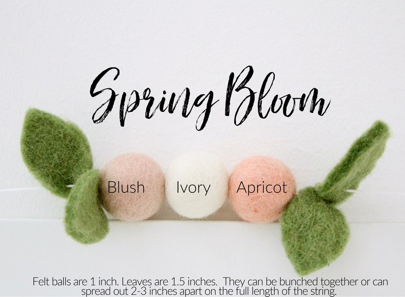 Spring Bloom Garland apricot, blush, ivory, & green leaves, spring felt ball garland, Easter decorations, Spring decor image 3