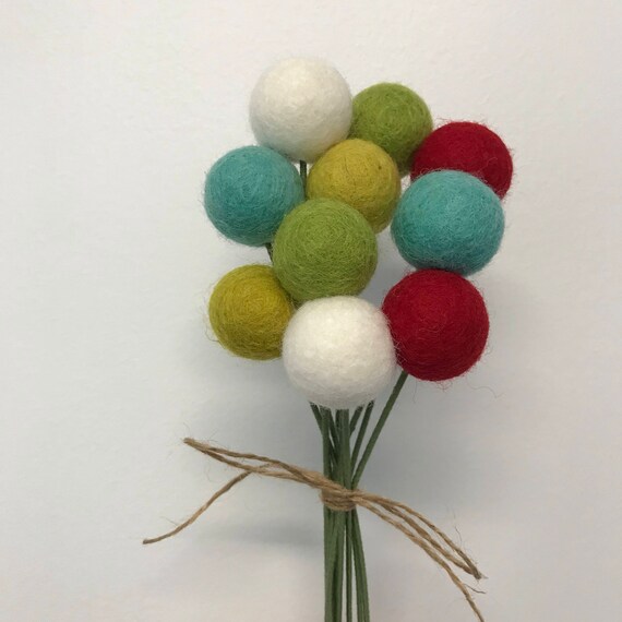 Marigold 2.5 cm balls. Green White Aqua Pom Pom Garland Vintage Christmas Handmade Wool Felt Ball Garland by Sheep Farm Felt- Red