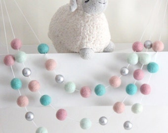 Pink Mint & Silver Felt Ball Garland- Pink Nursery Decor- Silver Accent- Girl Nursery Decor- Pink Aqua Mint Bunting- Mermaid Theme Decor