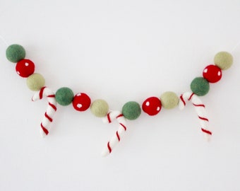 Candy Cane Garland- Red with Polka dots, sage, Evergreen - Felt Candy Canes- Christmas garland- Felt Ball Garland