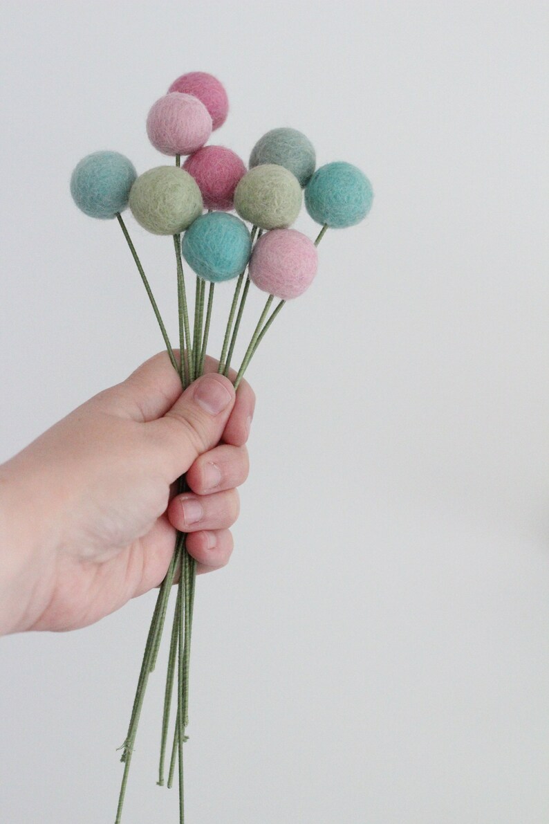 Pink & Mint Felt Pom Flowers Billy Ball Flowers Aqua Green Pink Flowers Centerpieces Bridesmaid bouquet Bridal bouquet wool pom poms image 4