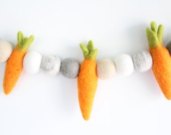 Carrot & Felt Ball Garland- White, Light Pebble Gray, Cream, Warm Gray- Easter garland