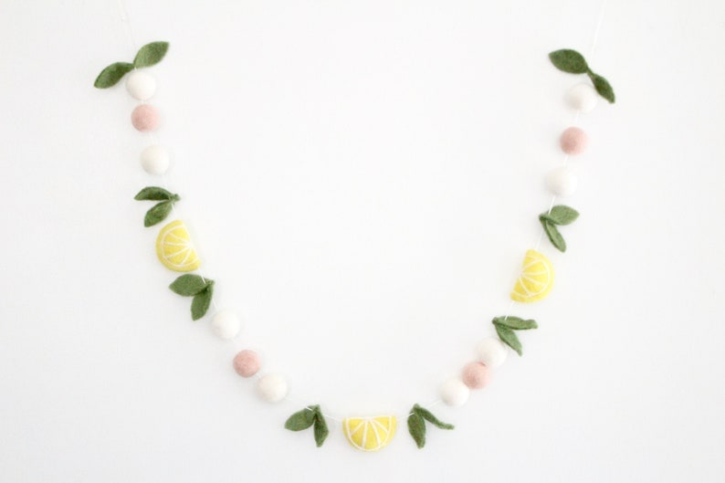 Lemon Garland-featuring felt leaves, lemons, and blush and white felt balls image 6