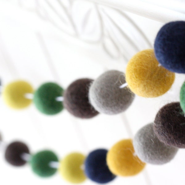 Pom Pom Garland- Baby Boy Nursery Garland- Brown Yellow Green Gray- Going Camping- Pom Pom Garland- Autumn Thanksgiving- Mantel Decorarion