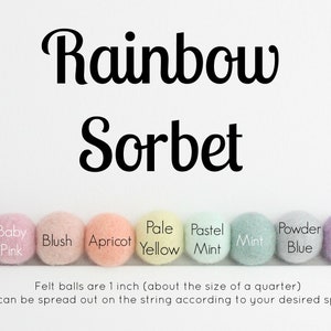 May include: Rainbow Sorbet felt balls in shades of pink, peach, yellow, mint, and lilac. Each ball is 1 inch in diameter, about the size of a quarter.