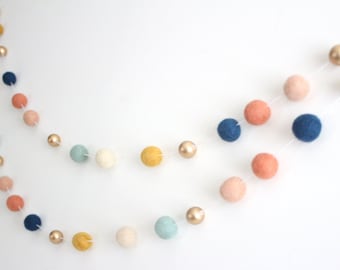 Arizona Gold Felt Ball Garland- Boy or Girl Nursery Decor- Gold Accent- Coral Mint Navy Nursery Decor- Navy Coral & Gold Bunting