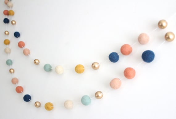 Marigold 2.5 cm balls. Green White Aqua Pom Pom Garland Vintage Christmas Handmade Wool Felt Ball Garland by Sheep Farm Felt- Red
