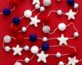 Silberne Stars & Stripes-Sterngirlande- 4.Juli-Girlande- Pom Pom Girlande- Sommerdekor- Sterngirlande- Rot, weiß und blau Dekor
