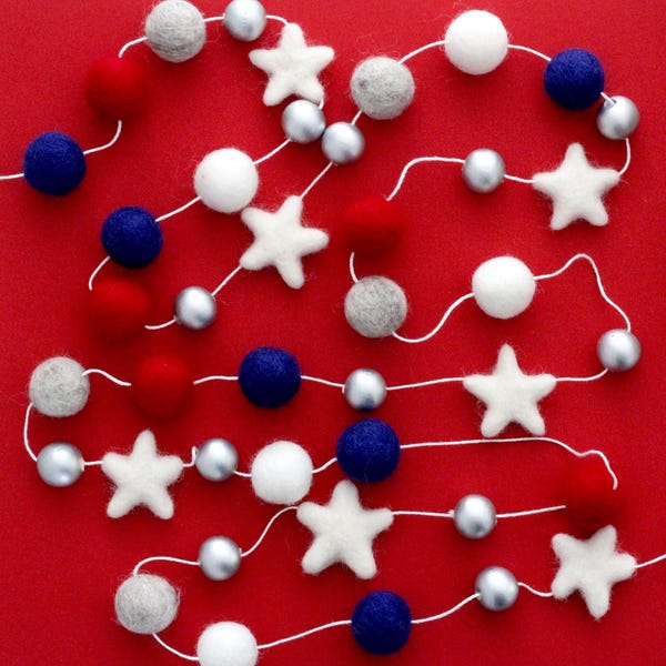 Silver Stars & Stripes Star Garland- Fourth of July Garland- Pom Pom bunting- Summer decor- star garland- Red white and blue decor