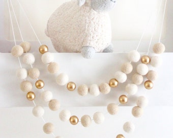 Vanilla Gold- Neutral Felt Ball Garland- Gold Nursery Decor- Cream Ivory Gold Felt Ball Garland- Ivory Cream Nursery Bunting- Gender Neutral