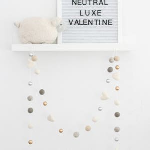 Neutral Luxe Valentine Felt Ball Garland-Valentine's Day Garland Felt Heart Garland Valentines Day Decor Gold Silver Gray image 5