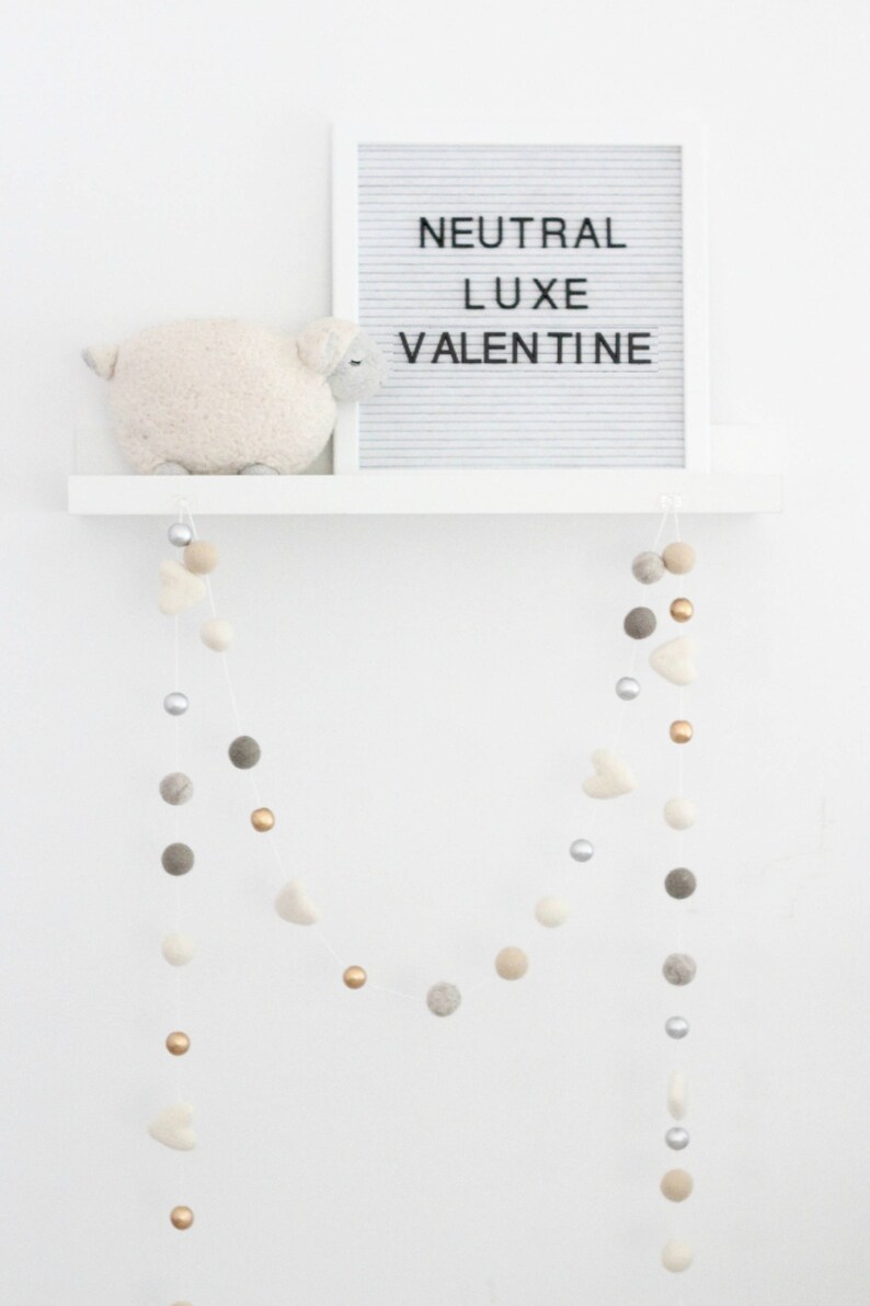 Neutral Luxe Valentine Felt Ball Garland-Valentine's Day Garland Felt Heart Garland Valentines Day Decor Gold Silver Gray image 5