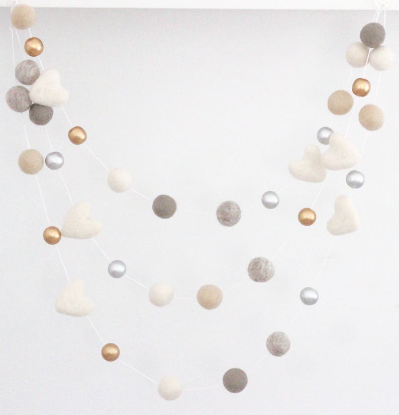 Neutral Luxe Valentine Felt Ball Garland-Valentine's Day Garland Felt Heart Garland Valentines Day Decor Gold Silver Gray image 2