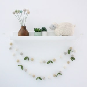 Spring Farmhouse Garland cream, light gray, ivory, & green leaves, spring felt ball garland, farm house decor image 5