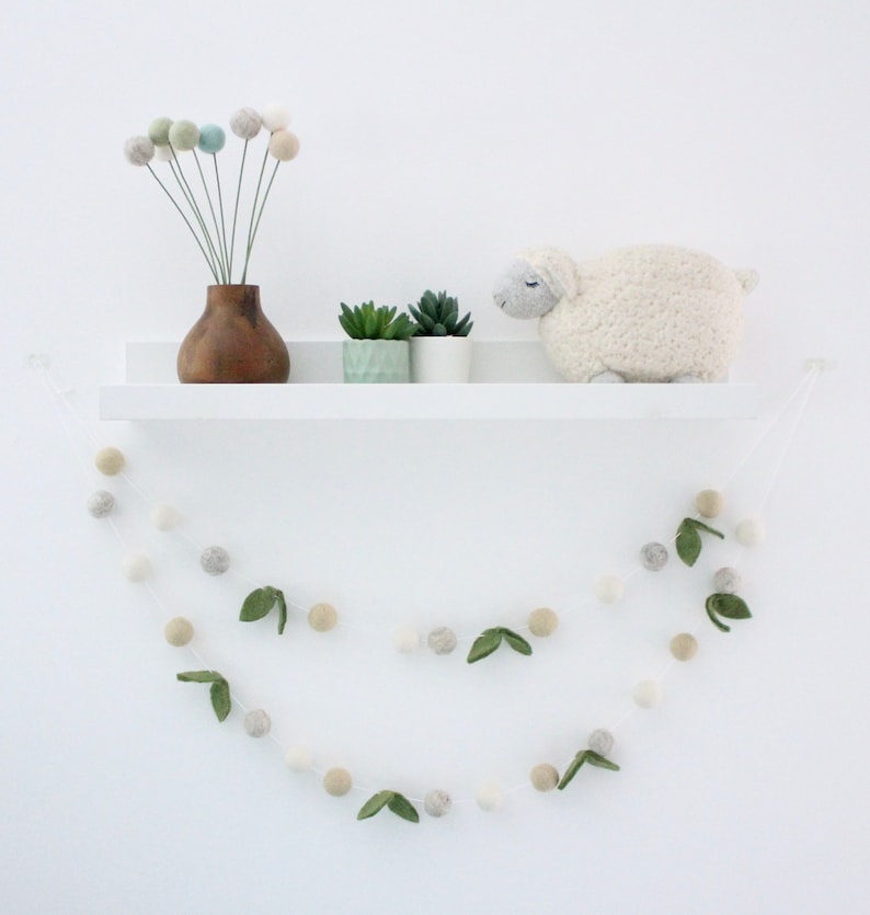 Spring Farmhouse Garland cream, light gray, ivory, & green leaves, spring felt ball garland, farm house decor image 5