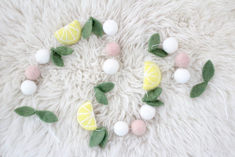 Lemon Garland-featuring felt leaves, lemons, and blush and white felt balls image 5