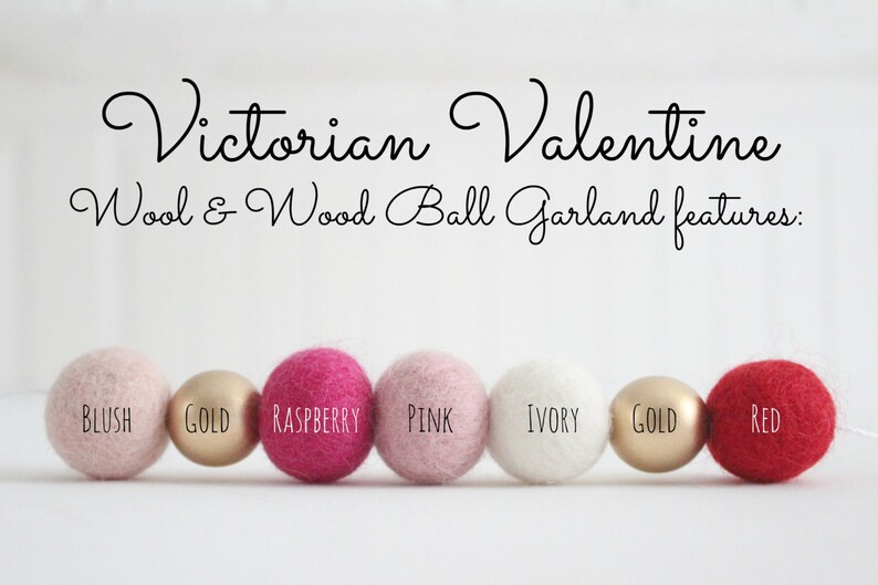 Victorian Valentine Felt Ball Garland Valentine's Day decor Red Pink Gold Banner Mantle Decor image 4