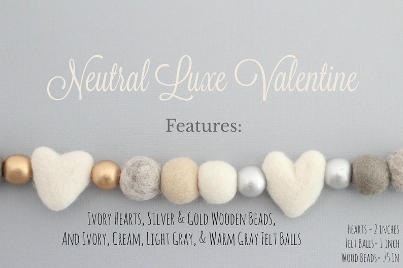 Neutral Luxe Valentine Felt Ball Garland-Valentine's Day Garland Felt Heart Garland Valentines Day Decor Gold Silver Gray image 3