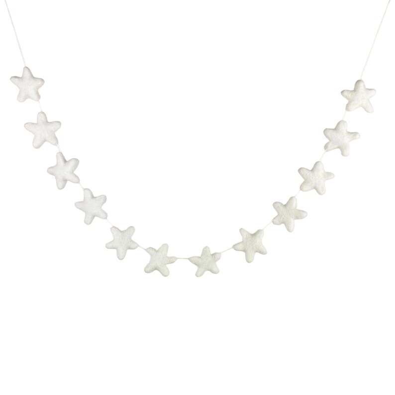 May include: A white felt star garland with 12 stars strung on a white string.