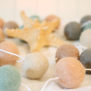 Felt Ball Garland- "Seaglass" Summer Mantle- Beach Decor- Summer Decor- Mint, Gray, Peach, Gray, Ivory- Nautical Beach Decor