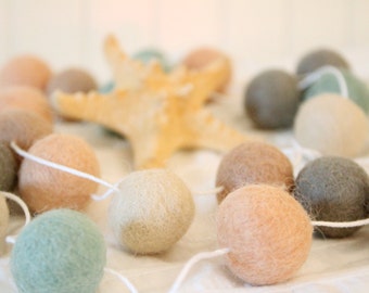 Felt Ball Garland- "Seaglass" Summer Mantle- Beach Decor- Summer Decor- Mint, Gray, Peach, Gray, Ivory- Nautical Beach Decor