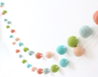 Spring Has Sprung Pom pom garland- Felt ball garland- Aqua, Coral, Peach, Green, Mint- Spring Decoration