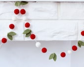 Merry Berry- Red White Felt balls with green leaves- Christmas garland decor