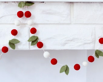 Merry Berry- Red & White Felt balls with hand-cut green leaves- Christmas garland decor