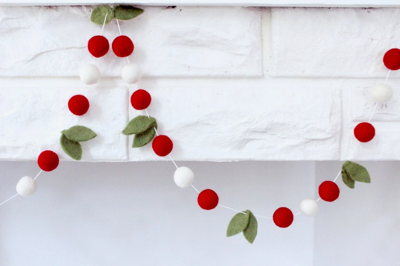 Merry Berry- Red & White Felt balls with green leaves- Christmas garland decor 