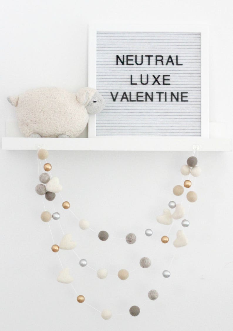 Neutral Luxe Valentine Felt Ball Garland-Valentine's Day Garland Felt Heart Garland Valentines Day Decor Gold Silver Gray image 4