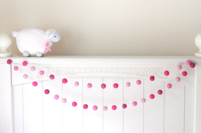 Pink Garland Pink Pom Pom Garland Pink Nursery Decor Felt Ball Garland Baby Girl Nursery Art-Pink Wall Accent Pink Felt Ball Garland image 2