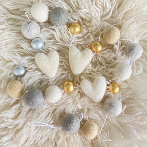 Neutral Luxe Valentine Felt Ball Garland-Valentine's Day Garland Felt Heart Garland Valentines Day Decor Gold Silver Gray image 1