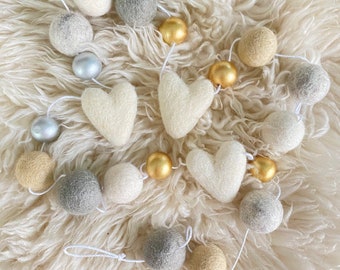 Neutral Luxe Valentine Felt Ball Garland-Valentine's Day Garland - Felt Heart Garland- Valentines Day Decor- Gold Silver Gray