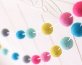 Tickled Pink Felt Ball Garland- Nursery Decor- Birthday Garland- Playroom Decor- Baby shower Decor-Pom Pom Garland-Hot Pink Yellow Gray Aqua