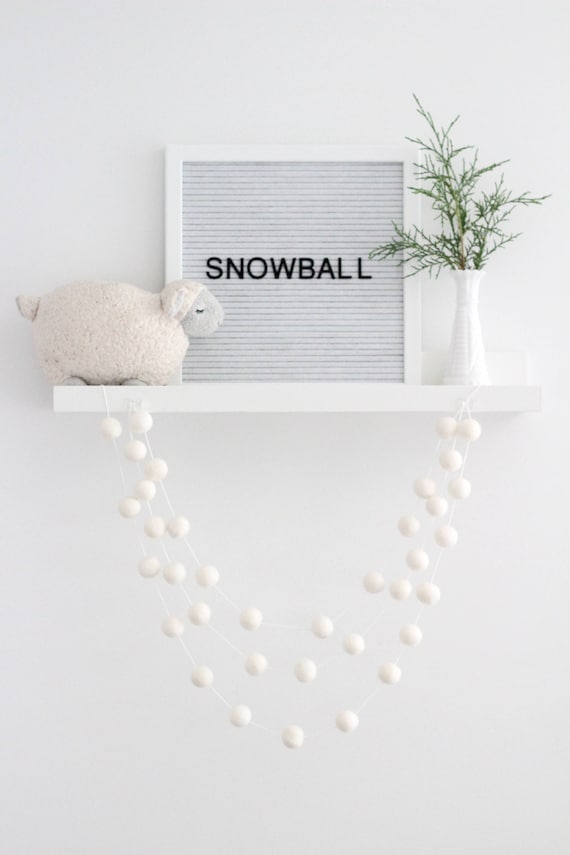 White Wool Felt Ball Garland- Nordic Christmas- White Pom Pom Garland- Winter Decoration- White on White Nursery-Winter Garland-  Snowball