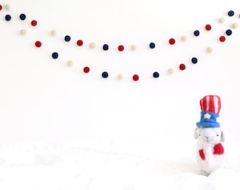 4th of July Garland-Americana Decor- Patriotic Felt Ball Garland- Burgundy Navy Ivory Decoration- Fourth of July Decor- Nautical Nursery