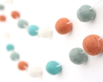 Aqua and Coral Nursery Decor Felt Ball Garland, Coral & Aqua Pom Pom Garland- Nursery Bunting- Gender Neutral Baby Shower Decor- Under Sea