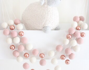 Rose Gold and Blush Felt Ball Garland- Pink Nursery Decor- Rose Gold Decor- Girl Nursery Garland- Pink & Rose Gold Nursery Decor