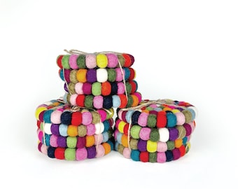 Multicolored Felt Ball Coasters | Set of 4