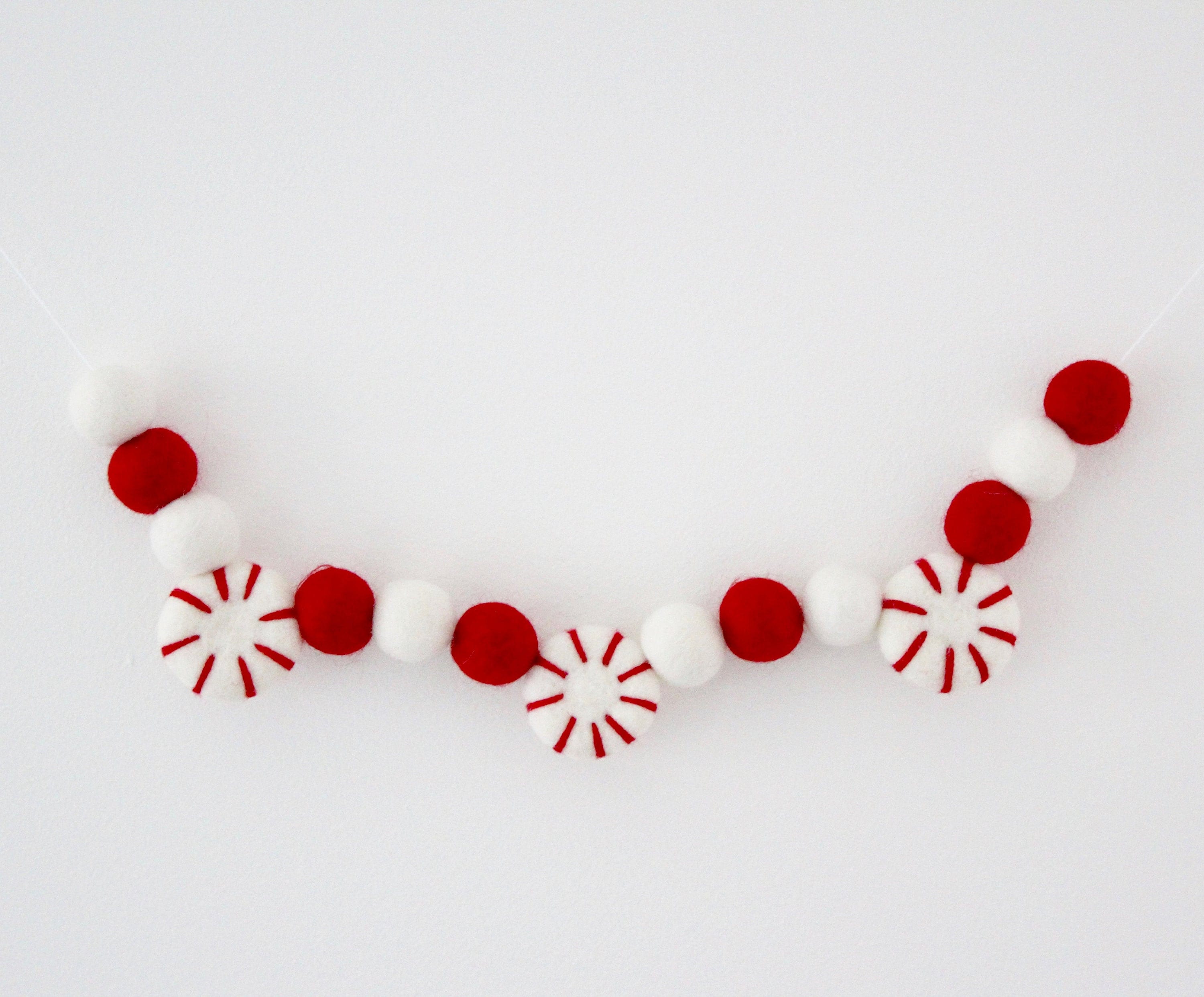 Peppermint Garland- Red and White - Felt Peppermints- Christmas garland- Felt Ball Pom Pom Garland