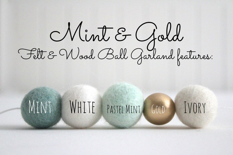 Mint and Gold Felt Ball Garland Mint Nursery Decor Gold Accent Unisex Nursery Decor Mint Bunting image 3