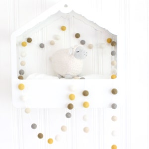 Woodsy Felt Ball Garland- Pom Pom Bunting- Woodland Nursery-Yellow Gray Cream Felt Balls- Mantel Decor- Pom Pom Garland- Wool Ball Garland