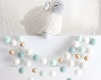 Mint and Gold Felt Ball Garland- Mint Nursery Decor- Gold Accent- Unisex Nursery Decor- Mint Bunting