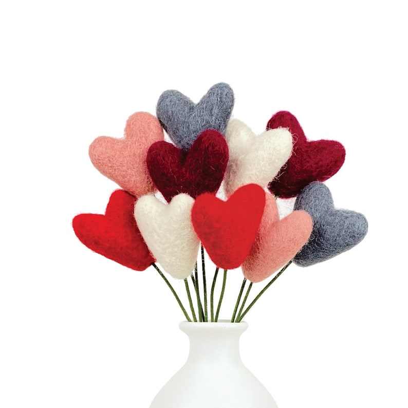 All Hearts Valentines Day bouquet- Red, Pink, White, Gray & Wine hearts- 9 inch stems image 1