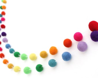 Rainbow Felt Ball Garland- Pom Pom Garland- Birthday bunting- ROYGBIV banner