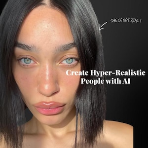 Peut inclure: Gros plan sur un visage aux yeux bleu-vert perçants et aux cheveux noirs. Le texte "Create Hyper-Realistic People with AI" et la phrase "SHE IS NOT REAL!" sont également présents.