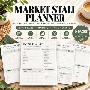 Könnte beinhalten: Ein Market Stall Planner Dokumentenset mit sechs Seiten in A4 und US Letter Format. Die Seiten enthalten einen Veranstaltungsplaner, Inventar-Tracker, Verkaufstracker und Ausgabentracker mit Abschnitten für Details, Checklisten und Ziele.