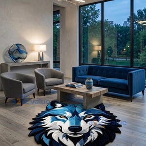 Könnte beinhalten: Ein großer, geformter Teppich mit einem stilisierten Wolfskopf-Design in den Farben Dunkelblau, Hellblau, Weiß und Schwarz. Der Teppich hat eine strukturierte, getuftete Oberfläche und liegt auf einem hellen Holzboden in einem Wohnzimmer.