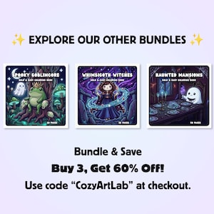 May include: Three square coloring books titled Spooky Goblincore, Whimsigoth Witches, and Haunted Mansions. The text reads Explore Our Other Bundles, Bundle & Save, Buy 3, Get 60% Off, and Use code CozyArtLab at checkout. Each book cover features illustrations.