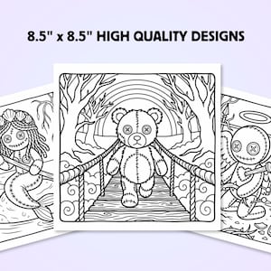 May include: Three square coloring pages featuring black and white line art illustrations of a voodoo doll mermaid, a teddy bear on a bridge, and a winged voodoo doll. The text 8.5" x 8.5" HIGH QUALITY DESIGNS is printed at the top of the image.